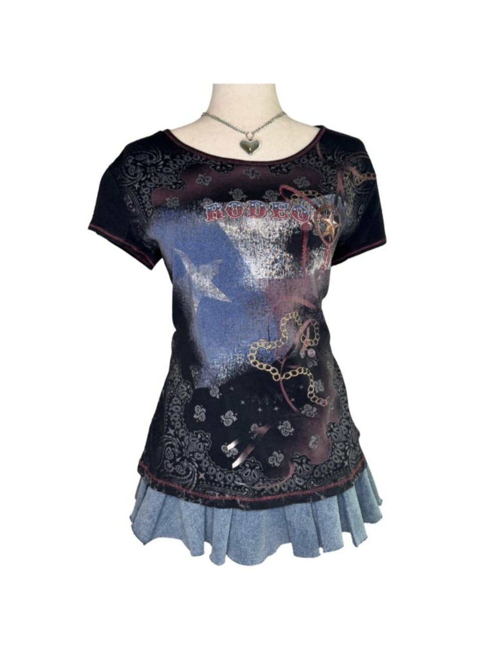 Rodeo  & Flag Graphic Tee Rhinestone Western Large